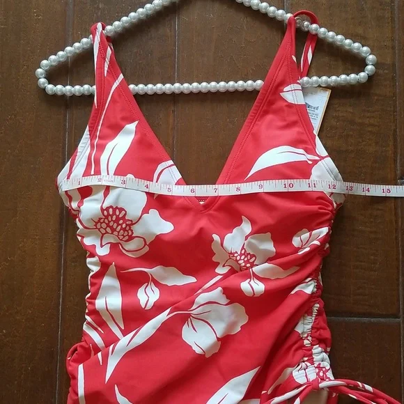 Kona Sol Red White Floral One Piece V Neck Swimsuit Size Small 4-6 - Picture 6 of 12